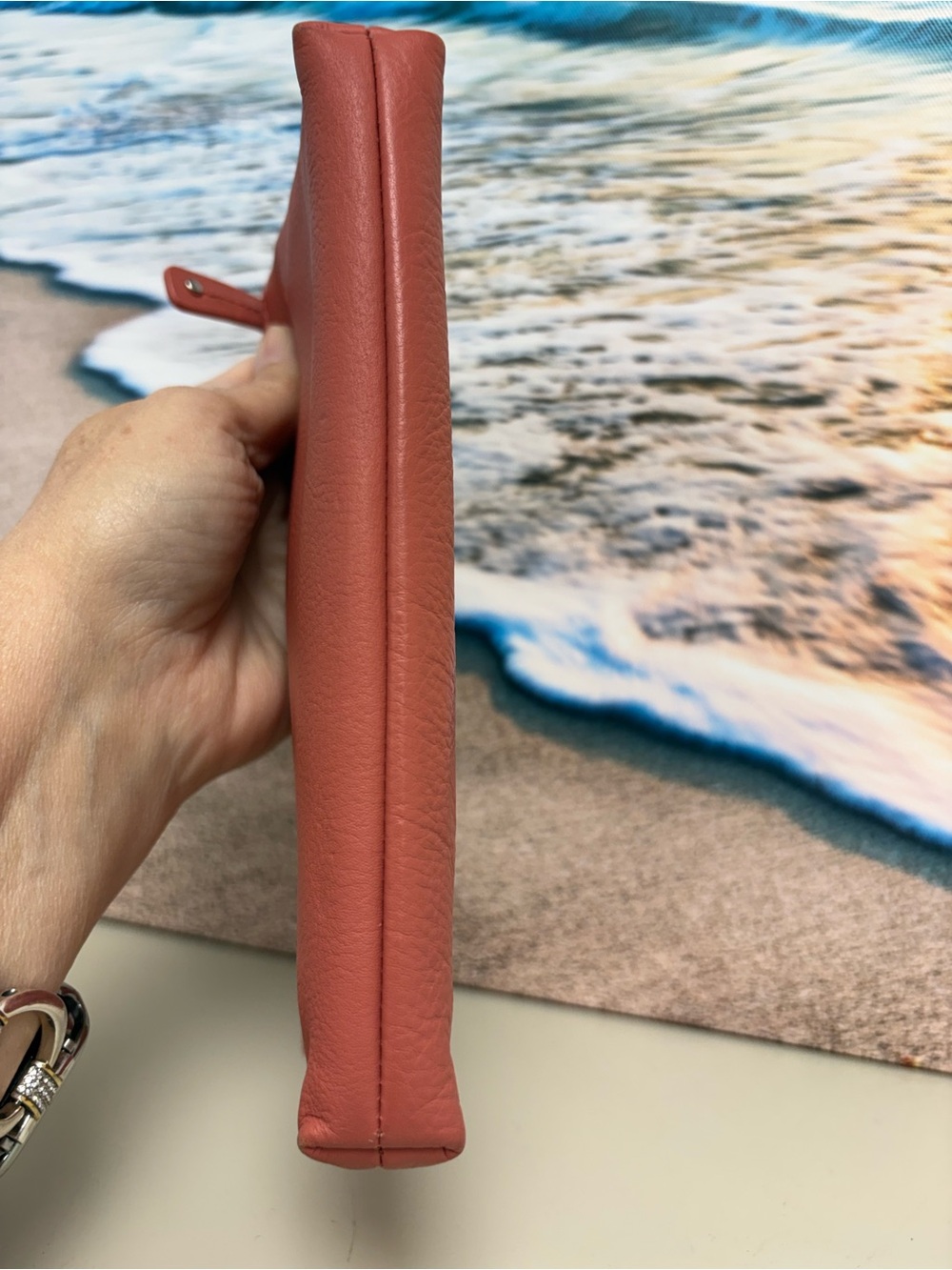 Stone Mountain Coral Pink Pebble Leather Double Zip Clutch Wallet Organizer - Picture 3 of 15